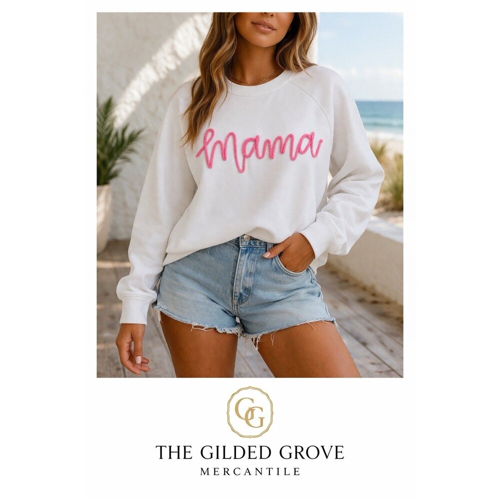 Mud Pie Mama Sweatshirt White Pink Chenille Script One Size NWT Cozy Gift